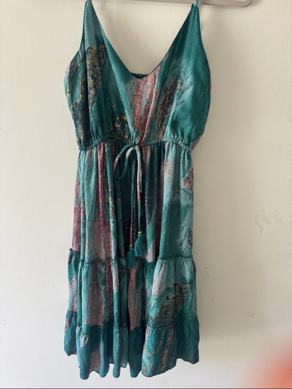 Teal Marble Print Midi Dress with Tie Waist